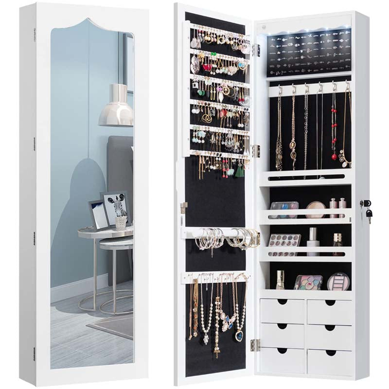 Wall/Door Mounted Jewelry Cabinet with Full Length Mirror, Lockable Jewelry Armoire Organizer with 6 Drawers & 5 LED Lights