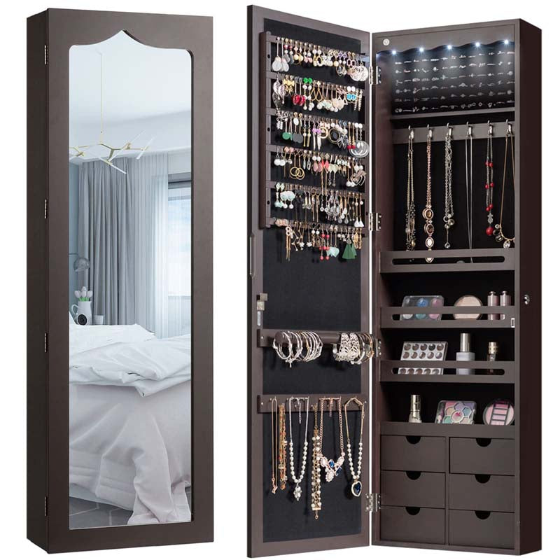 Wall/Door Mounted Jewelry Cabinet with Full Length Mirror, Lockable Jewelry Armoire Organizer with 6 Drawers & 5 LED Lights