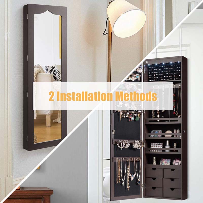 Wall/Door Mounted Jewelry Cabinet with Full Length Mirror, Lockable Jewelry Armoire Organizer with 6 Drawers & 5 LED Lights