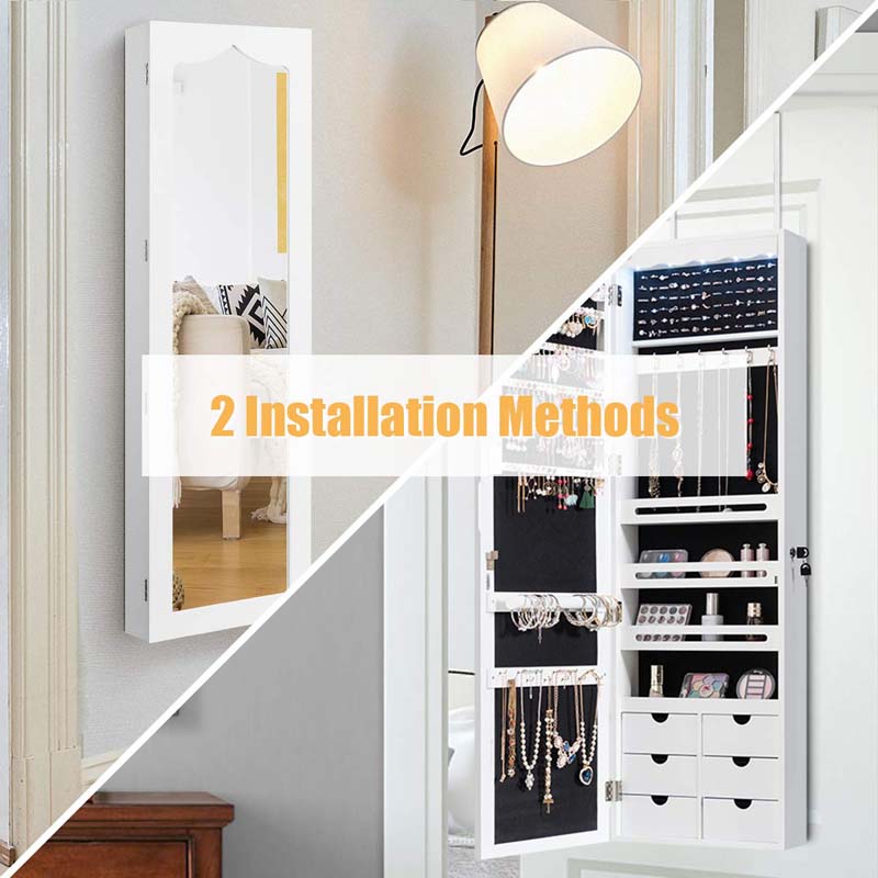 Wall/Door Mounted Jewelry Cabinet with Full Length Mirror, Lockable Jewelry Armoire Organizer with 6 Drawers & 5 LED Lights