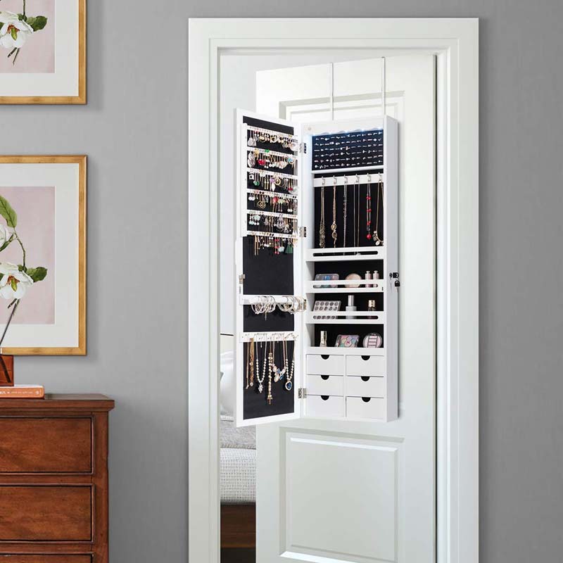 Wall/Door Mounted Jewelry Cabinet with Full Length Mirror, Lockable Jewelry Armoire Organizer with 6 Drawers & 5 LED Lights