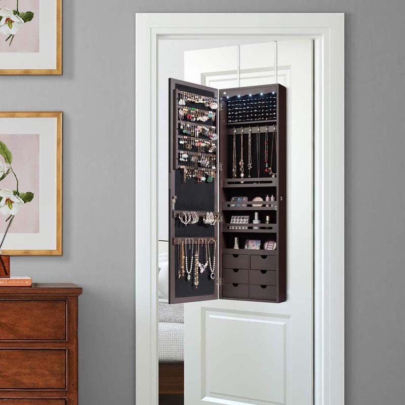 Wall/Door Mounted Jewelry Cabinet with Full Length Mirror, Lockable Jewelry Armoire Organizer with 6 Drawers & 5 LED Lights