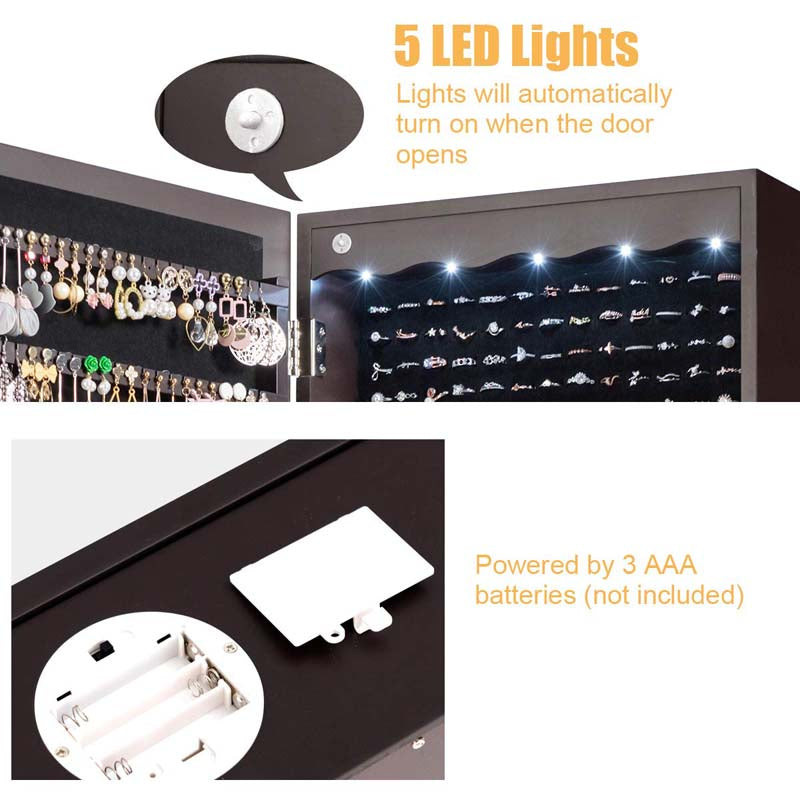 Wall/Door Mounted Jewelry Cabinet with Full Length Mirror, Lockable Jewelry Armoire Organizer with 6 Drawers & 5 LED Lights