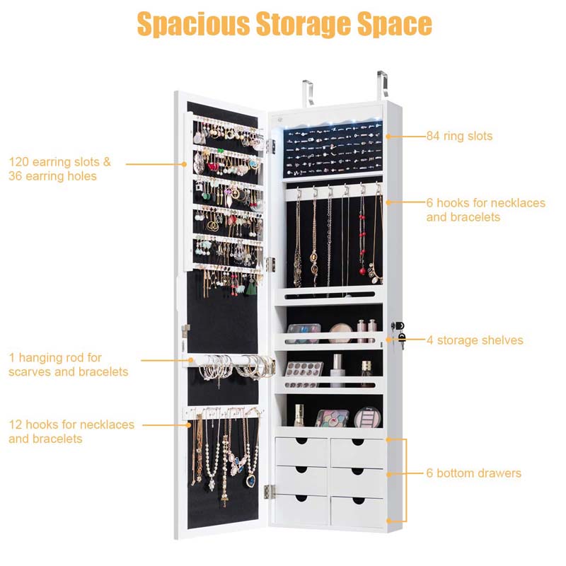 Wall/Door Mounted Jewelry Cabinet with Full Length Mirror, Lockable Jewelry Armoire Organizer with 6 Drawers & 5 LED Lights