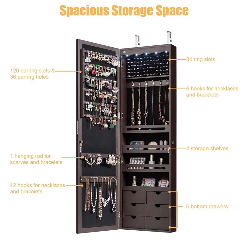 Wall/Door Mounted Jewelry Cabinet with Full Length Mirror, Lockable Jewelry Armoire Organizer with 6 Drawers & 5 LED Lights