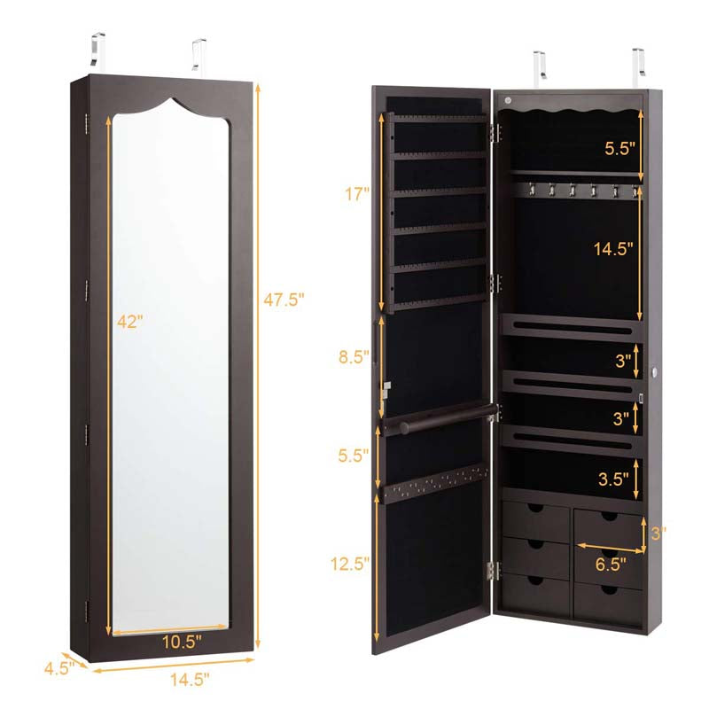 Wall/Door Mounted Jewelry Cabinet with Full Length Mirror, Lockable Jewelry Armoire Organizer with 6 Drawers & 5 LED Lights