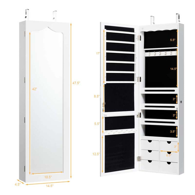 Wall/Door Mounted Jewelry Cabinet with Full Length Mirror, Lockable Jewelry Armoire Organizer with 6 Drawers & 5 LED Lights