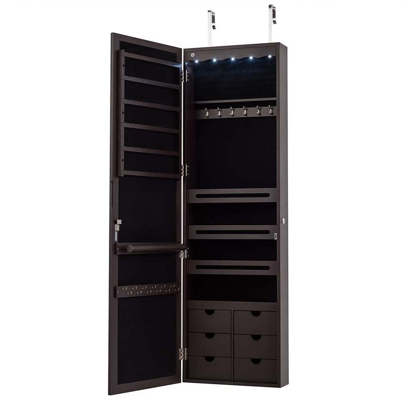Wall/Door Mounted Jewelry Cabinet with Full Length Mirror, Lockable Jewelry Armoire Organizer with 6 Drawers & 5 LED Lights