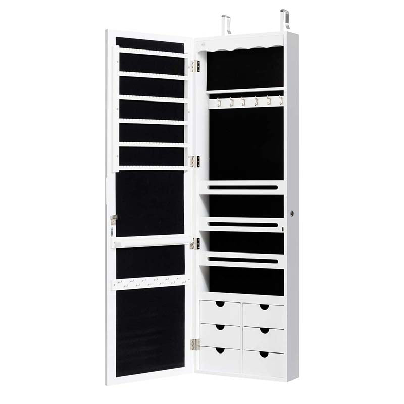 Wall/Door Mounted Jewelry Cabinet with Full Length Mirror, Lockable Jewelry Armoire Organizer with 6 Drawers & 5 LED Lights