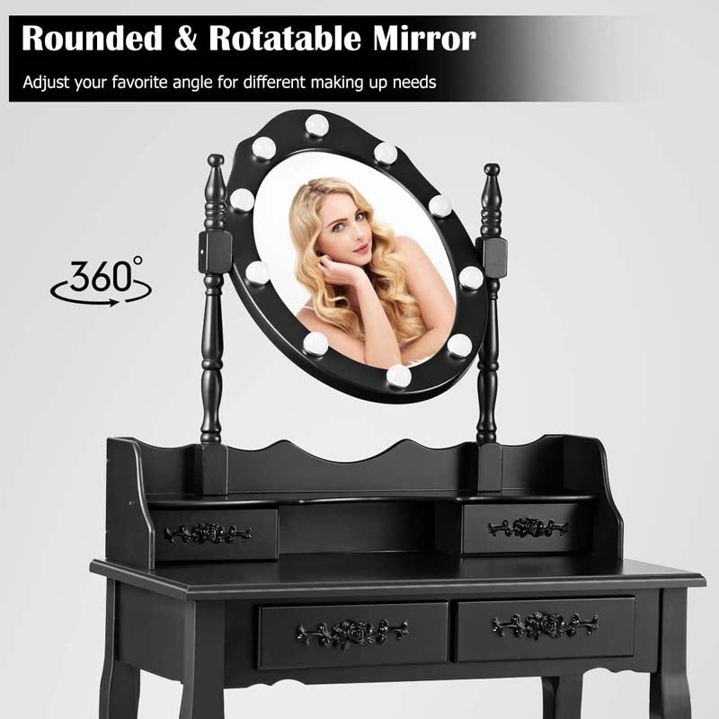 4-Drawer Makeup Vanity Table Set with 10 LED Lights, Storage Shelf, Rose Knob, Bedroom Dressing Makeup Table Vanity Desk
