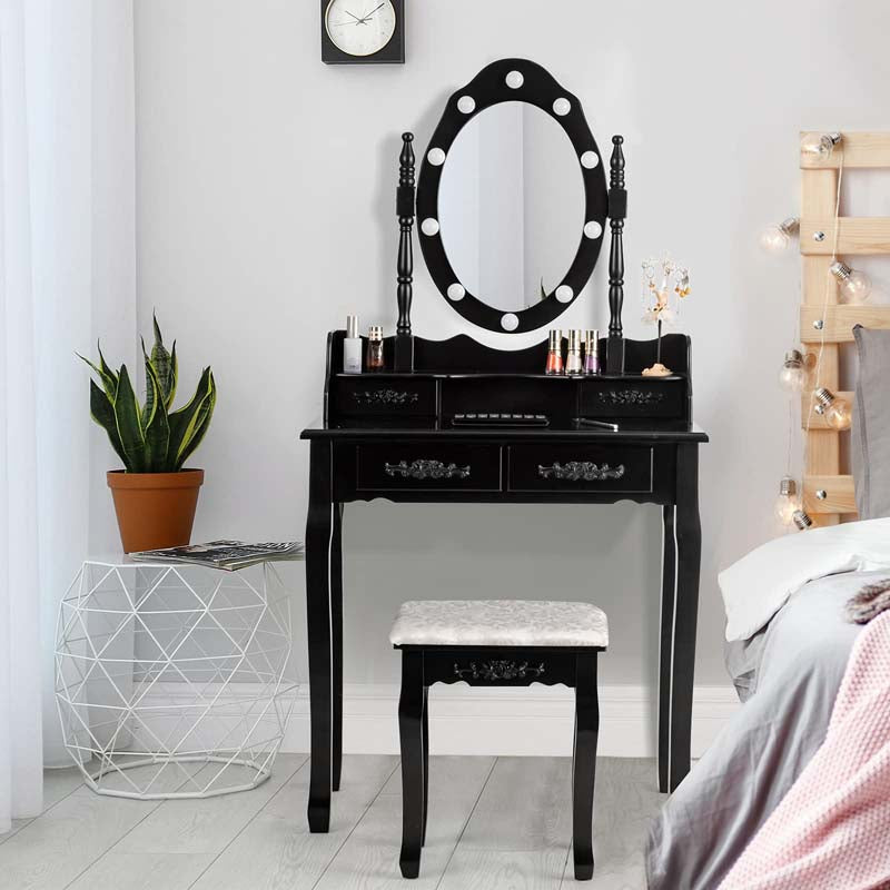 4-Drawer Makeup Vanity Table Set with 10 LED Lights, Storage Shelf, Rose Knob, Bedroom Dressing Makeup Table Vanity Desk