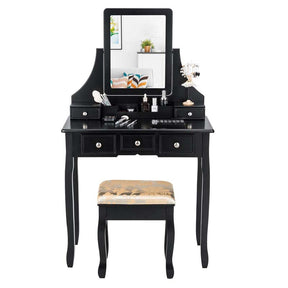 5-Drawer Makeup Table Vanity Set with Mirror & Cushioned Stool, Bedroom Dressing Table with Removable Storage Organizers