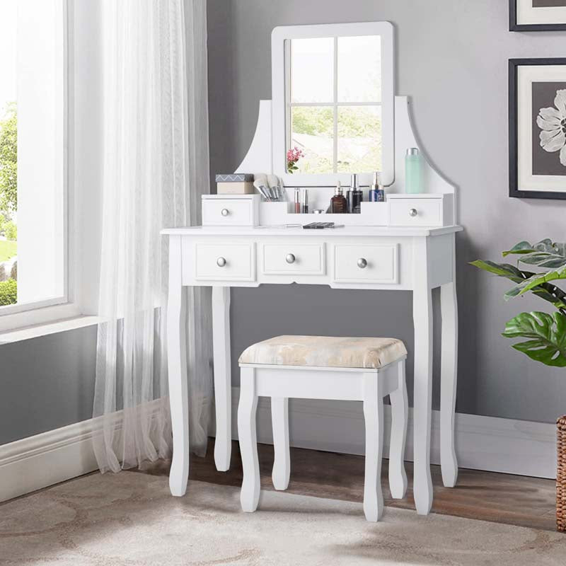5-Drawer Makeup Table Vanity Set with Mirror & Cushioned Stool, Bedroom Dressing Table with Removable Storage Organizers, White 5-Drawer Makeup Table Vanity Set with Mirror & Cushioned Stool, Bedroom Dressing Table with Removable Storage Organizers, White