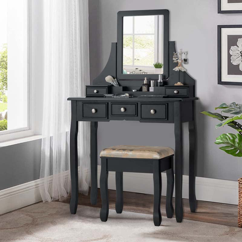 5-Drawer Makeup Table Vanity Set with Mirror & Cushioned Stool, Bedroom Dressing Table with Removable Storage Organizers