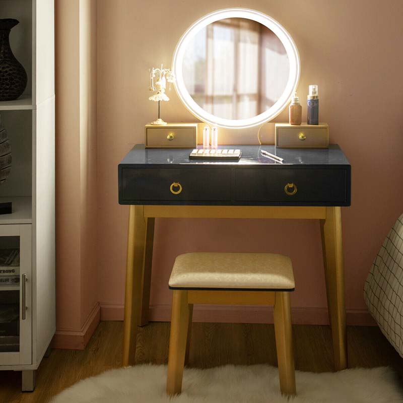 Modern Makeup Vanity Set with Touch Screen Dimming Mirror and 3 Color LED Lighting Modes, Jewelry Divider Dressing Table