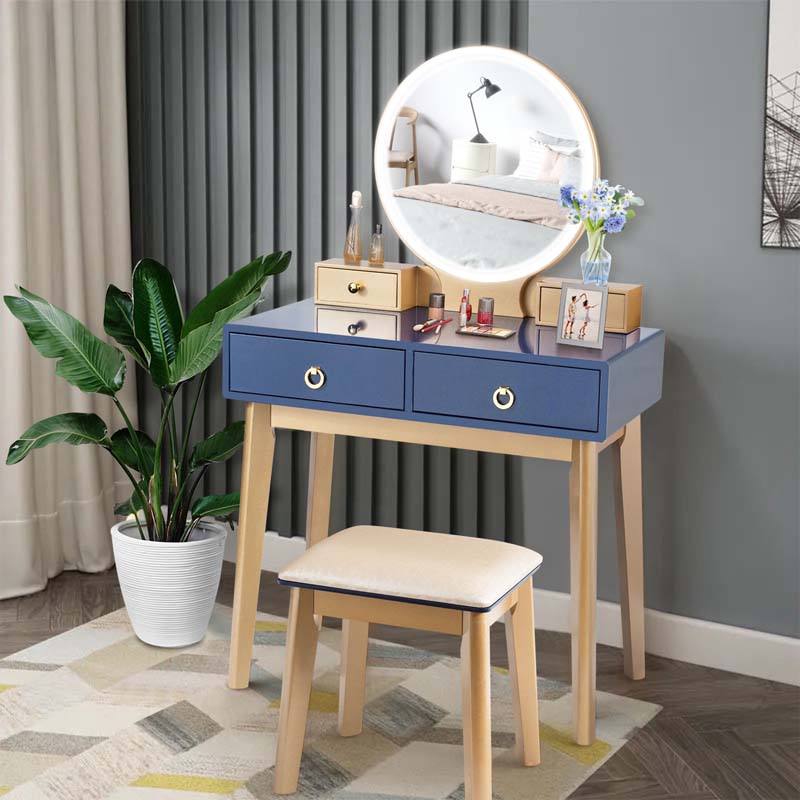 Modern Makeup Vanity Set with Touch Screen Dimming Mirror and 3 Color LED Lighting Modes, Jewelry Divider Dressing Table