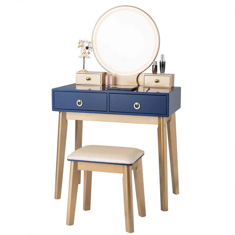 Modern Makeup Vanity Set with Touch Screen Dimming Mirror and 3 Color LED Lighting Modes, Jewelry Divider Dressing Table