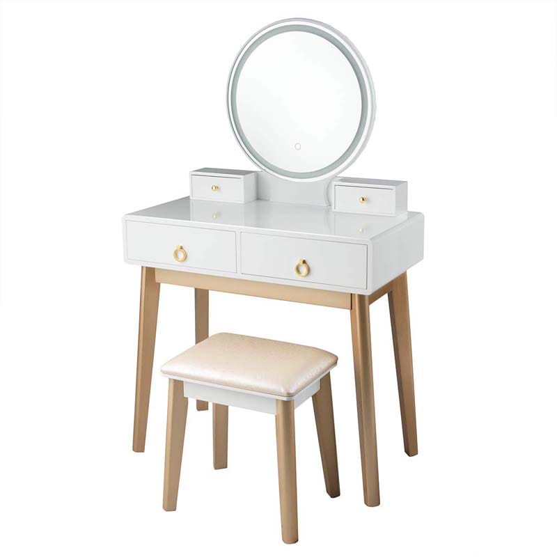 Modern Makeup Vanity Set with Touch Screen Dimming Mirror and 3 Color LED Lighting Modes, Jewelry Divider Dressing Table