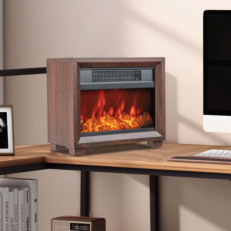 13" Wood-like Mini Electric Fireplace Heater for Indoor Bedroom Use, 750W Portable Space Heater with Realistic Flame Effect
