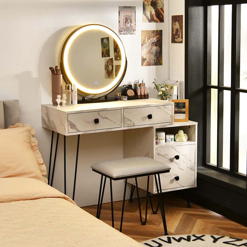 Wooden Makeup Dressing Table Bedroom Vanity Set with 3 Colors Lighted Mirror & Stool, Left or Right Side Cabinet