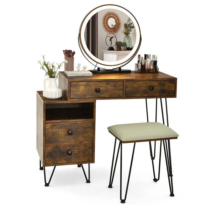 Wooden Makeup Dressing Table Bedroom Vanity Set with 3 Colors Lighted Mirror & Stool, Left or Right Side Cabinet