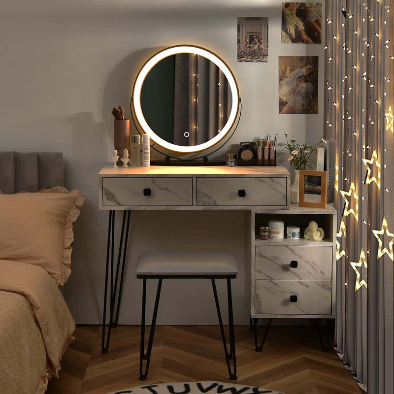 Wooden Makeup Dressing Table Bedroom Vanity Set with 3 Colors Lighted Mirror & Stool, Left or Right Side Cabinet