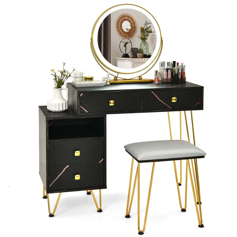 Wooden Makeup Dressing Table Bedroom Vanity Set with 3 Colors Lighted Mirror & Stool, Left or Right Side Cabinet