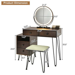 Wooden Makeup Dressing Table Bedroom Vanity Set with 3 Colors Lighted Mirror & Stool, Left or Right Side Cabinet