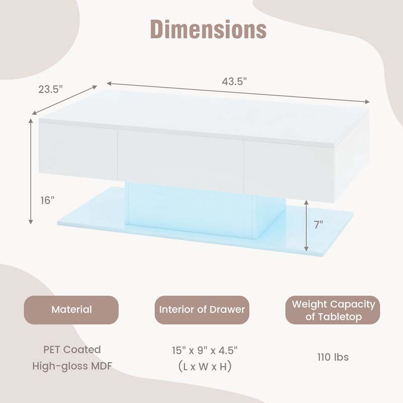2-Tier 20-Color LED Coffee Table with 2 Drawers, Remote Control, Open Shelf, 43.5" L Rectangular High Glossy Modern Center Table