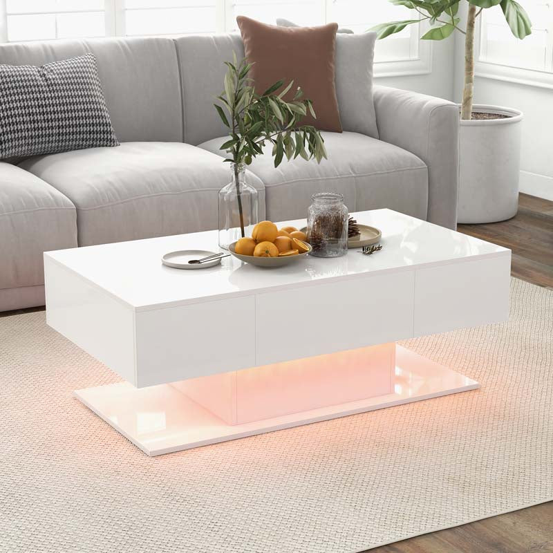 2-Tier 20-Color LED Coffee Table with 2 Drawers, Remote Control, Open Shelf, 43.5" L Rectangular High Glossy Modern Center Table
