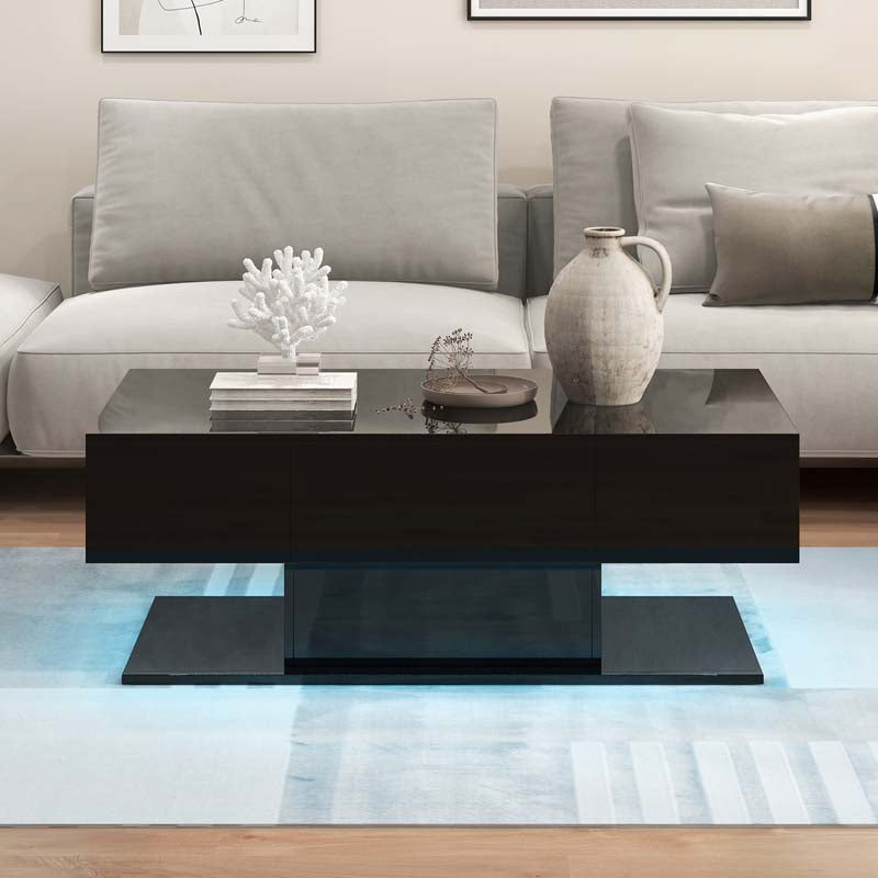 2-Tier 20-Color LED Coffee Table with 2 Drawers, Remote Control, Open Shelf, 43.5" L Rectangular High Glossy Modern Center Table