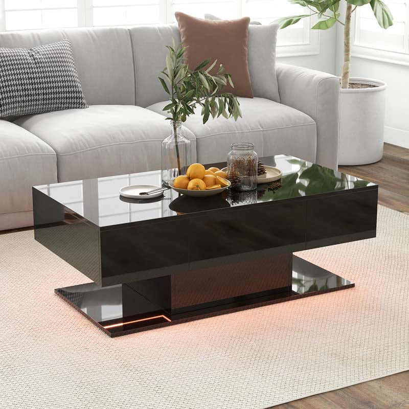 2-Tier 20-Color LED Coffee Table with 2 Drawers, Remote Control, Open Shelf, 43.5" L Rectangular High Glossy Modern Center Table