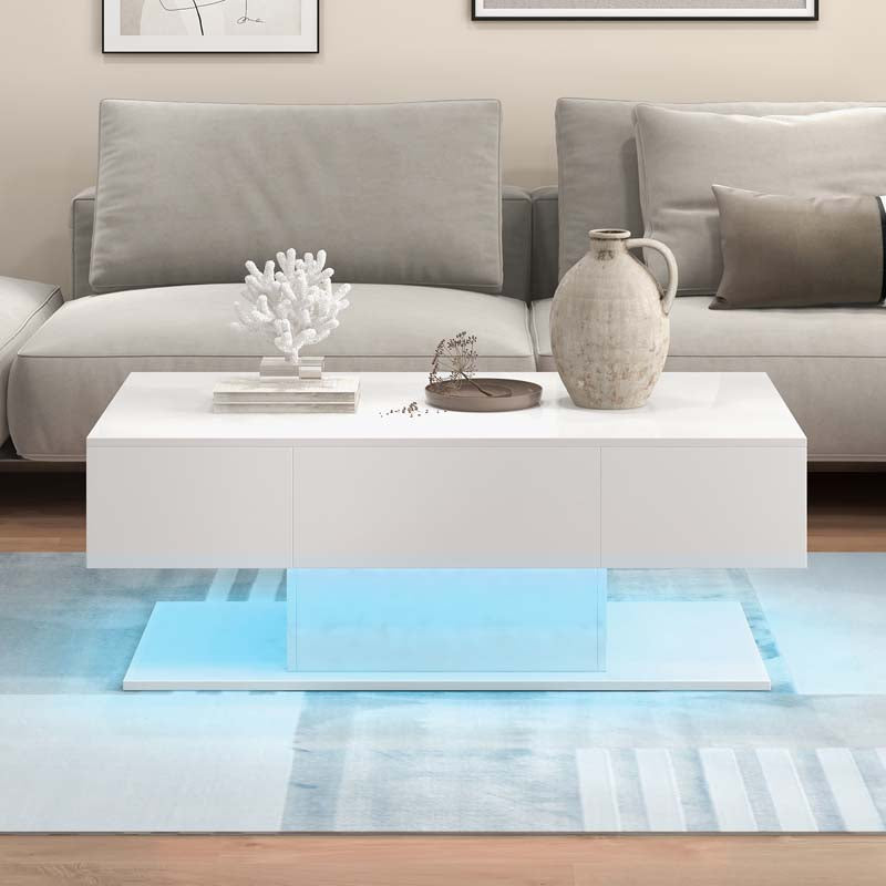 2-Tier 20-Color LED Coffee Table with 2 Drawers, Remote Control, Open Shelf, 43.5" L Rectangular High Glossy Modern Center Table
