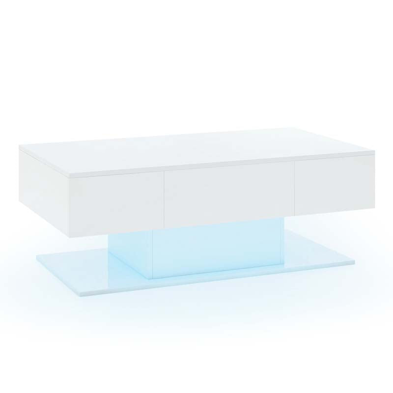 2-Tier 20-Color LED Coffee Table with 2 Drawers, Remote Control, Open Shelf, 43.5" L Rectangular High Glossy Modern Center Table