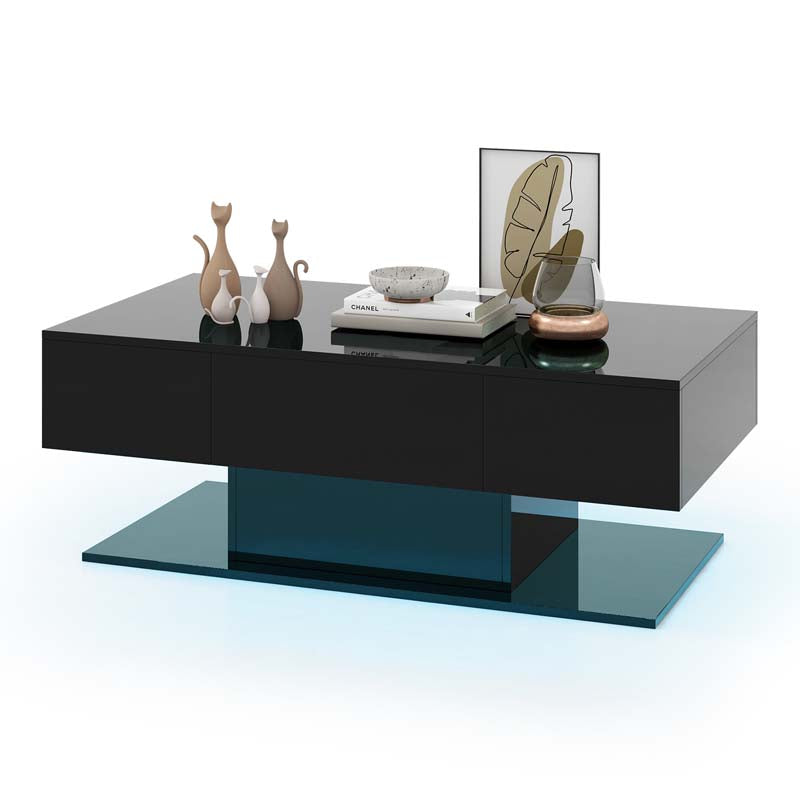 2-Tier 20-Color LED Coffee Table with 2 Drawers, Remote Control, Open Shelf, 43.5" L Rectangular High Glossy Modern Center Table