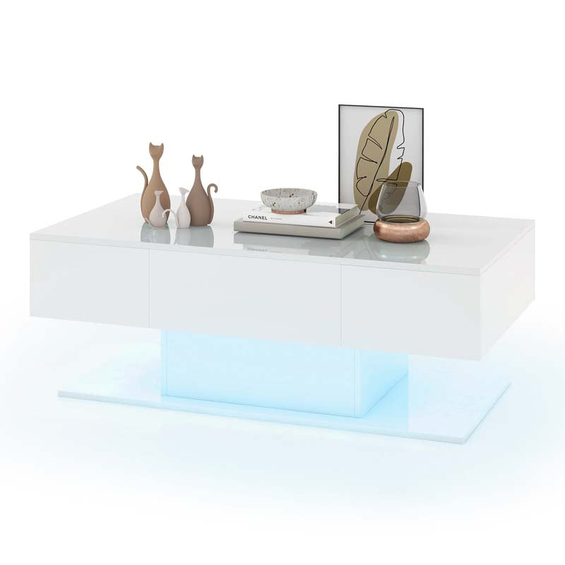 2-Tier 20-Color LED Coffee Table with 2 Drawers, Remote Control, Open Shelf, 43.5" L Rectangular High Glossy Modern Center Table