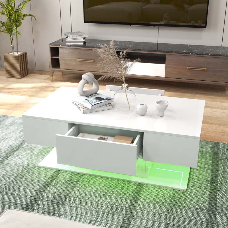 2-Tier 20-Color LED Coffee Table with 2 Drawers, Remote Control, Open Shelf, 43.5" L Rectangular High Glossy Modern Center Table