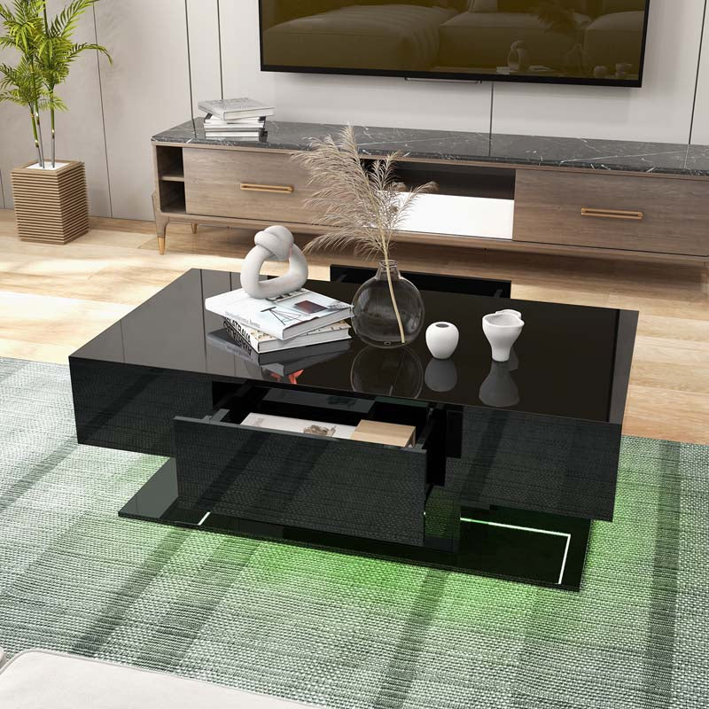 2-Tier 20-Color LED Coffee Table with 2 Drawers, Remote Control, Open Shelf, 43.5" L Rectangular High Glossy Modern Center Table