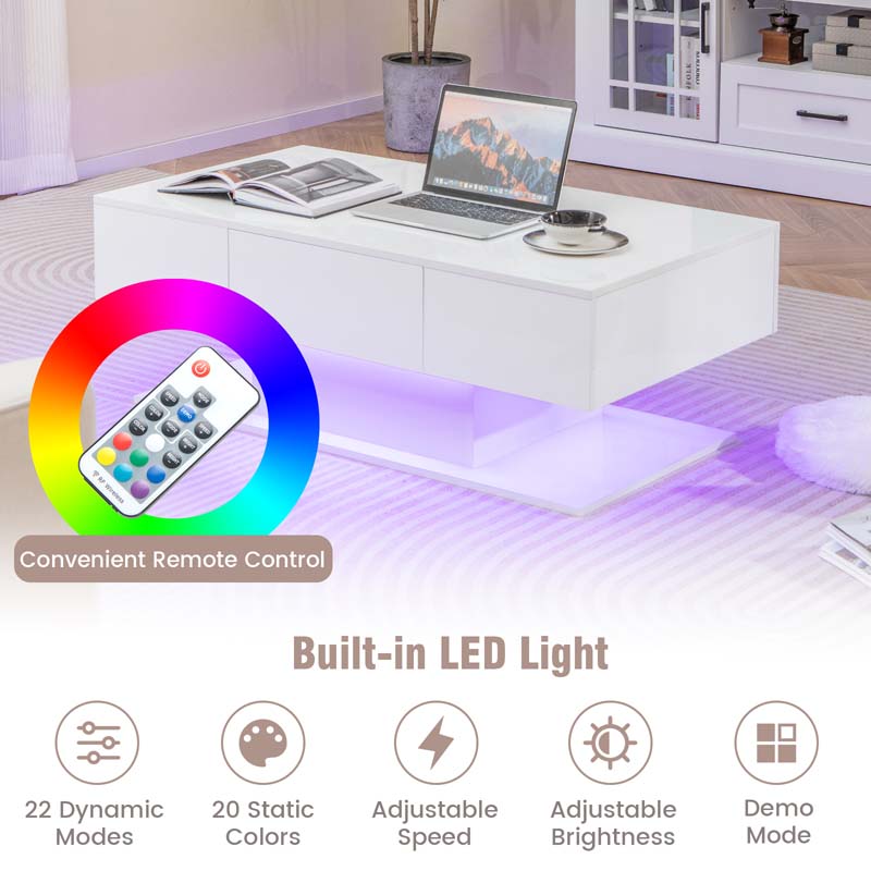 2-Tier 20-Color LED Coffee Table with 2 Drawers, Remote Control, Open Shelf, 43.5" L Rectangular High Glossy Modern Center Table