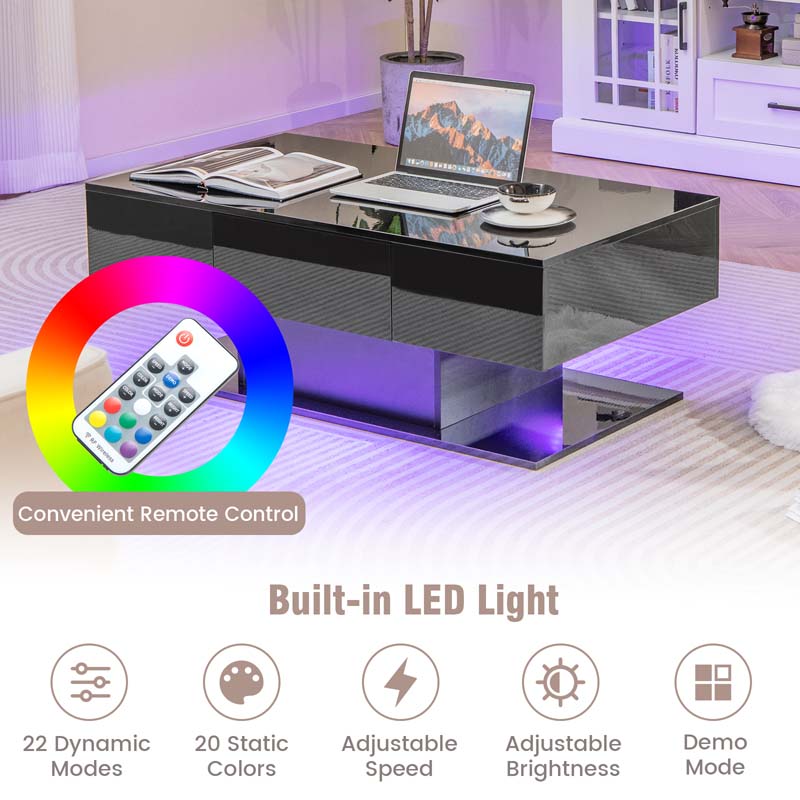 2-Tier 20-Color LED Coffee Table with 2 Drawers, Remote Control, Open Shelf, 43.5" L Rectangular High Glossy Modern Center Table