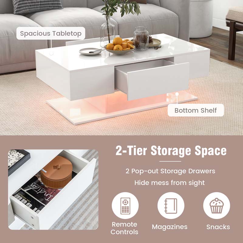 2-Tier 20-Color LED Coffee Table with 2 Drawers, Remote Control, Open Shelf, 43.5" L Rectangular High Glossy Modern Center Table