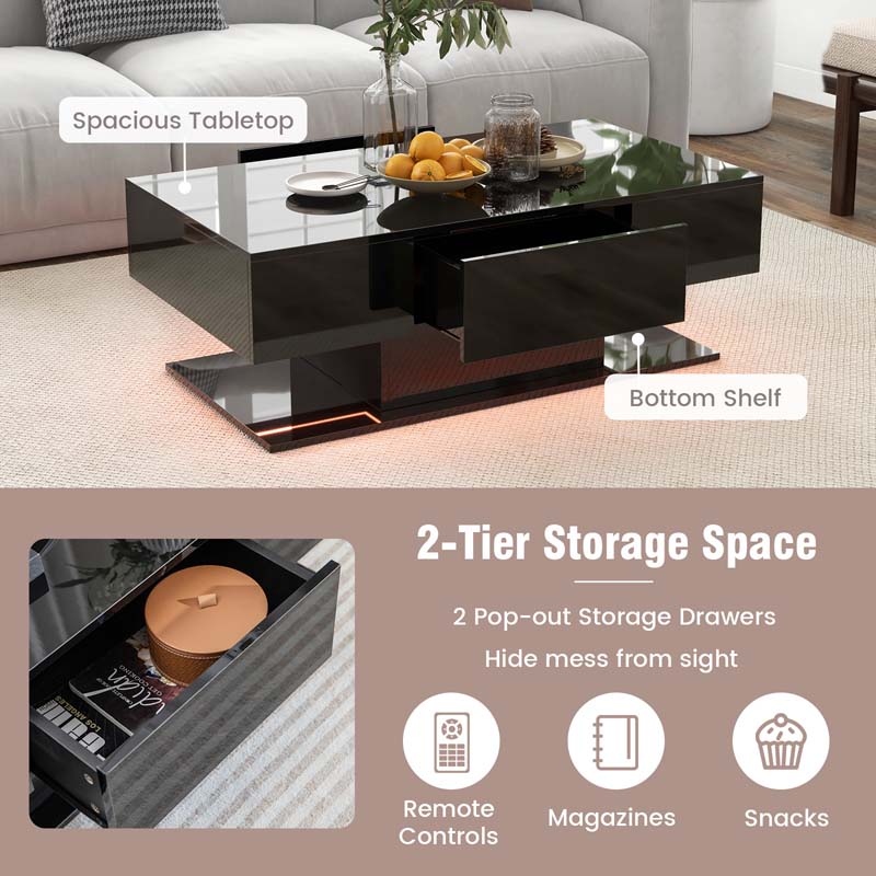 2-Tier 20-Color LED Coffee Table with 2 Drawers, Remote Control, Open Shelf, 43.5" L Rectangular High Glossy Modern Center Table