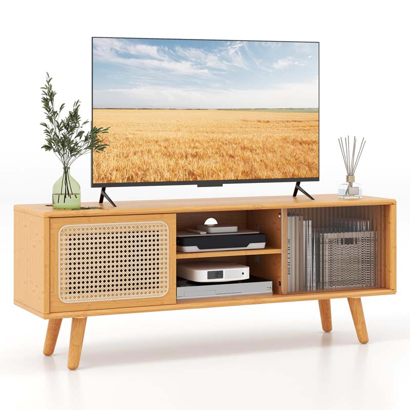 Mid Century Modern TV Stand for TVs up to 55", Bamboo Entertainment Center Media Console with Rattan & Glass Sliding Doors, Adjustable Shelf