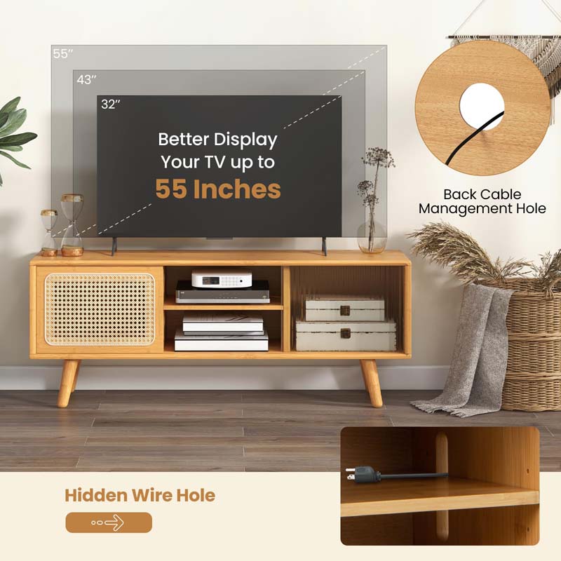 Mid Century Modern TV Stand for TVs up to 55", Bamboo Entertainment Center Media Console with Rattan & Glass Sliding Doors, Adjustable Shelf