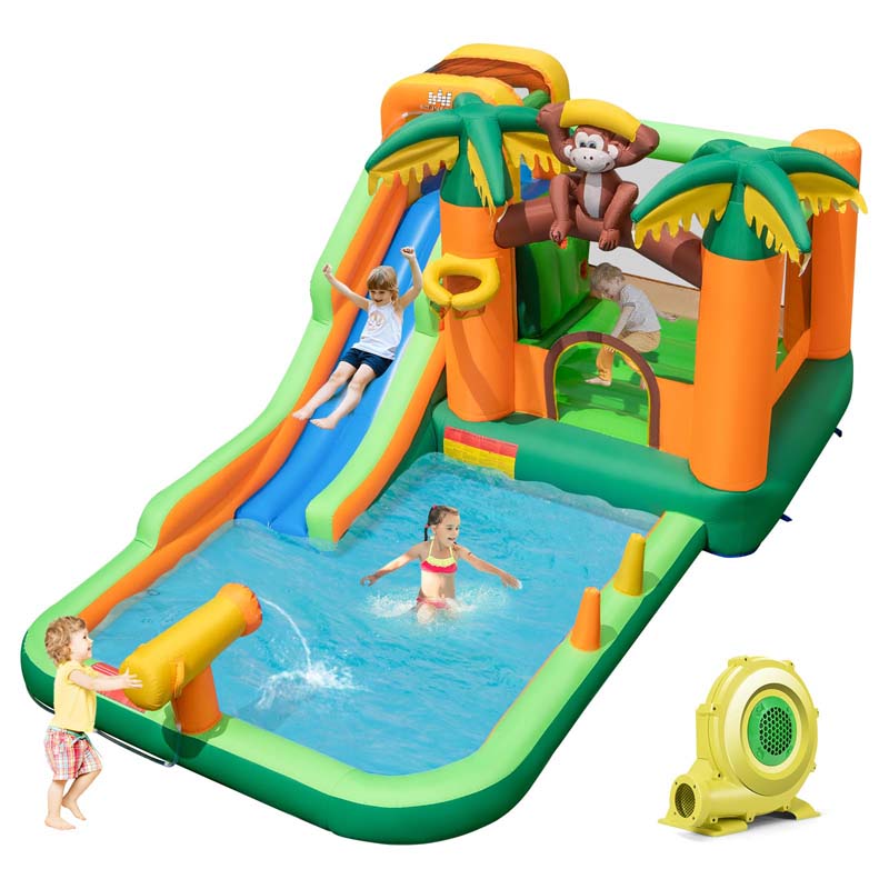 7-in-1 Inflatable Backyard Water Slide, Jungle Kids Bouncy Castle Water Park with Long Slide, Splash Pool & 680W Blower for Indoor Outdoor Party Gift