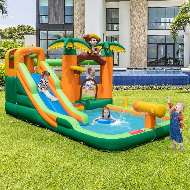 7-in-1 Inflatable Backyard Water Slide, Jungle Kids Bouncy Castle Water Park with Long Slide, Splash Pool & 680W Blower for Indoor Outdoor Party Gift