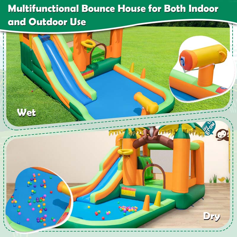 7-in-1 Inflatable Backyard Water Slide, Jungle Kids Bouncy Castle Water Park with Long Slide, Splash Pool & 680W Blower for Indoor Outdoor Party Gift
