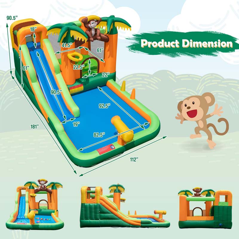 7-in-1 Inflatable Backyard Water Slide, Jungle Kids Bouncy Castle Water Park with Long Slide, Splash Pool & 680W Blower for Indoor Outdoor Party Gift