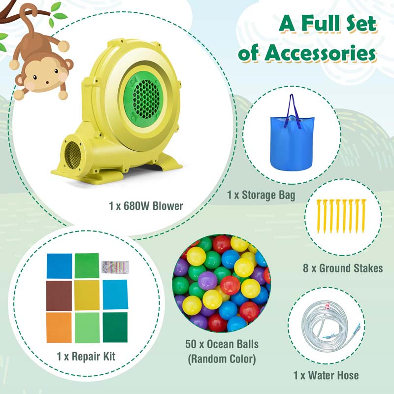 7-in-1 Inflatable Backyard Water Slide, Jungle Kids Bouncy Castle Water Park with Long Slide, Splash Pool & 680W Blower for Indoor Outdoor Party Gift