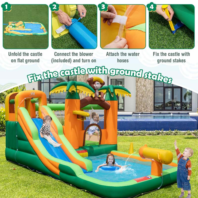 7-in-1 Inflatable Backyard Water Slide, Jungle Kids Bouncy Castle Water Park with Long Slide, Splash Pool & 680W Blower for Indoor Outdoor Party Gift